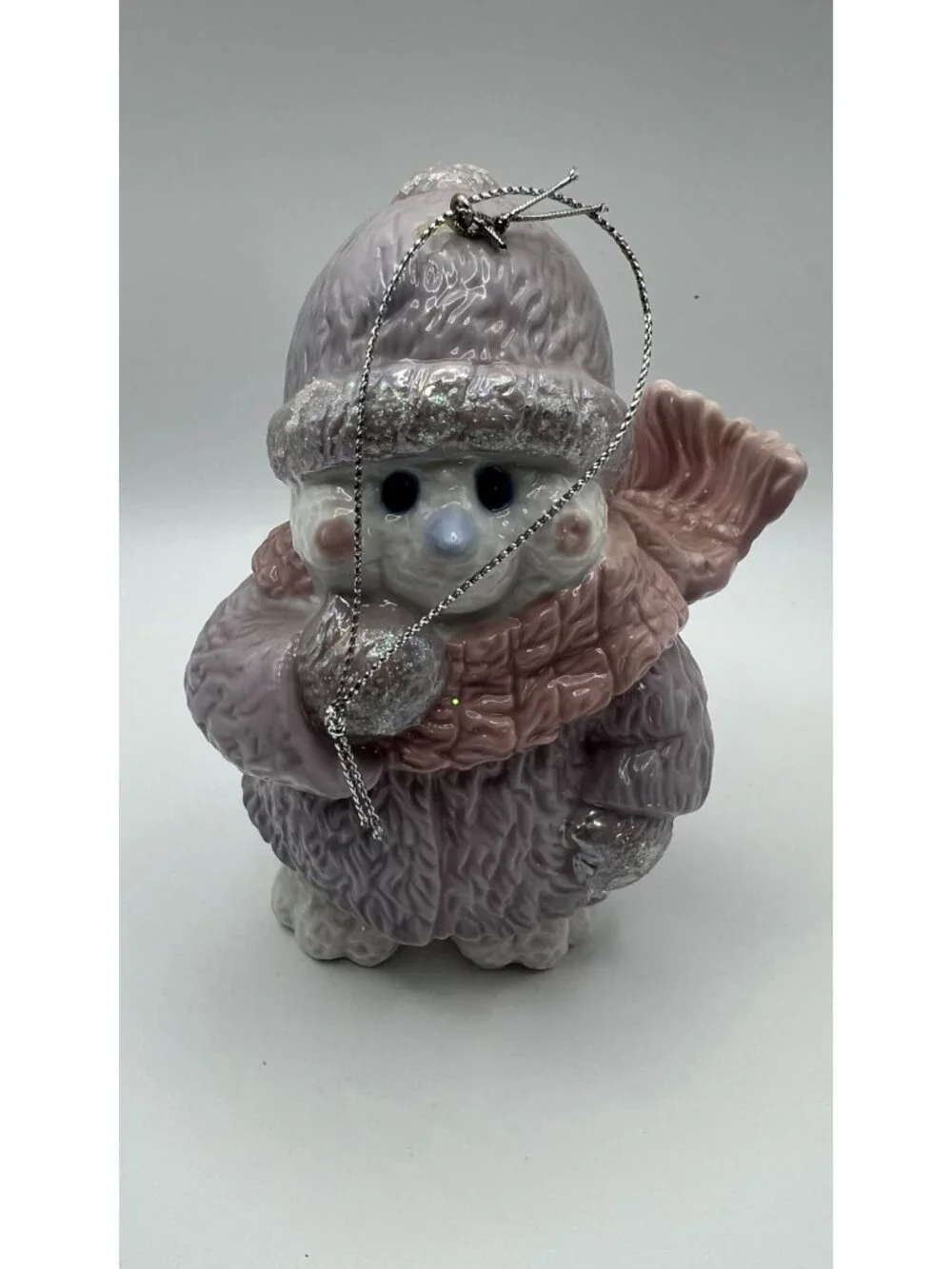 Ceramic Snowman Ornament With Glitter Hat & Scarf Lavender & Pink Accents Hangin